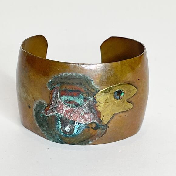 Vintage Jewelry - Vintage Mexican Copper Cuff Brass Whale Bracelet